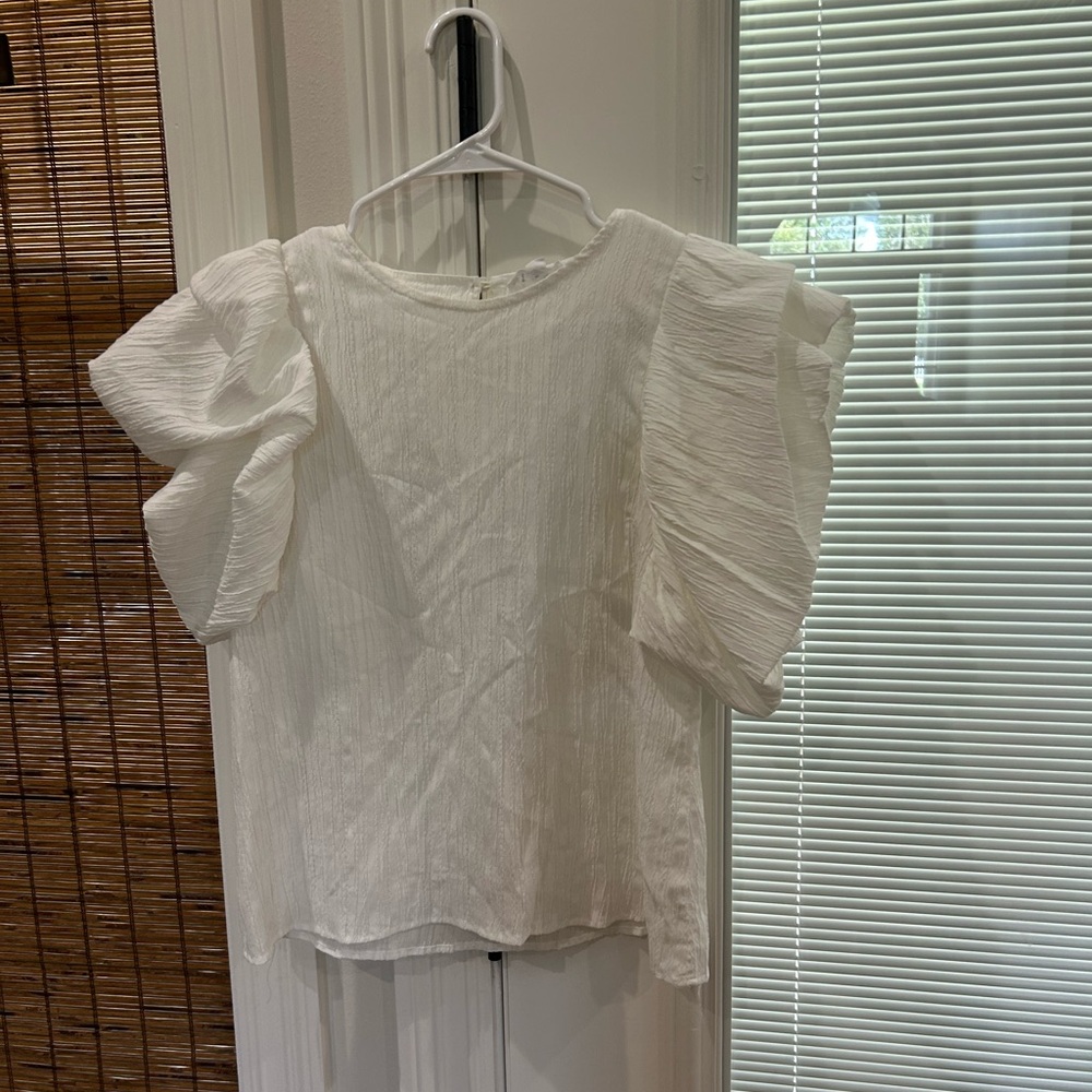 THML White Textured Blouse with Ruffle Sleeves